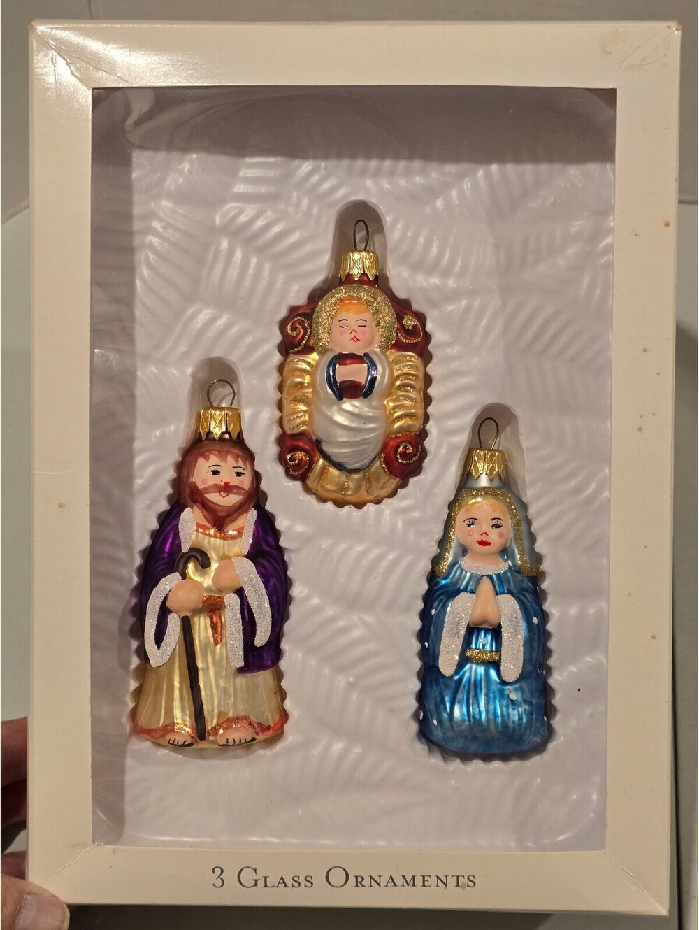 Vintage New 3-piece hand-painted blown glass Nativity Holy Family 2002